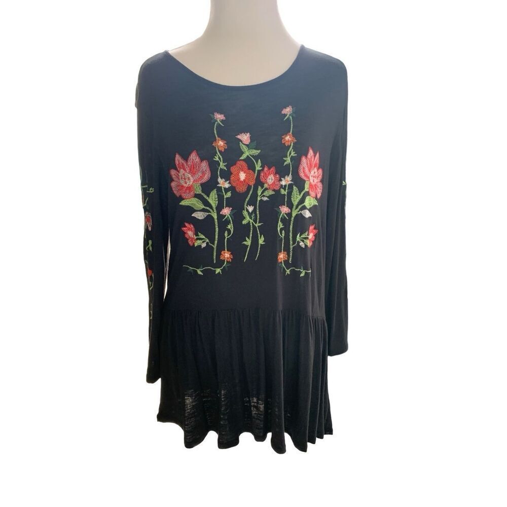 Twyla Blu Womens Large Black Drop Waist Floral Embroidered Front Sleeves